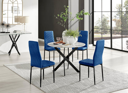 Novara White Marble Black Leg Round Dining Table & 4 Velvet Milan Black Leg Chairs