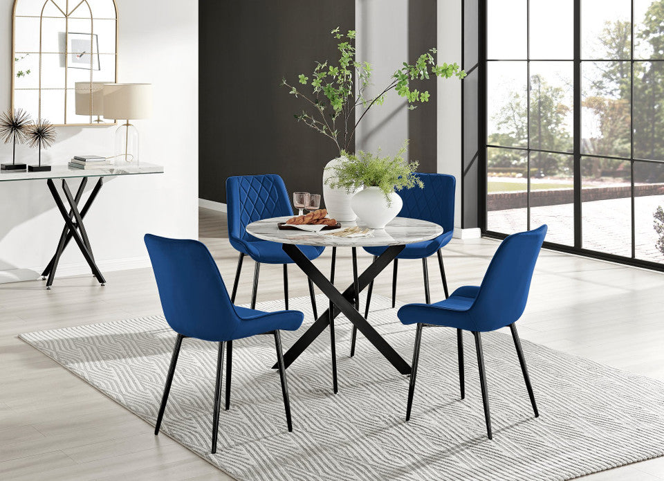 Novara White Marble Black Leg Round Dining Table & 4 Pesaro Black Leg Chairs