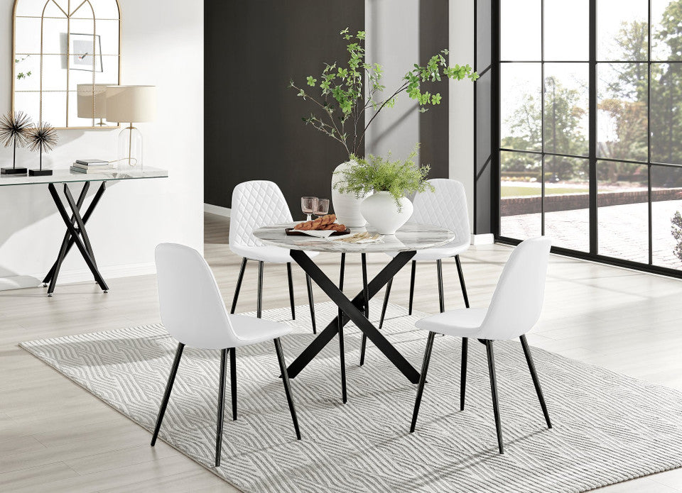 Novara White Marble Black Leg Round Dining Table & 4 Corona Black Leg Chairs