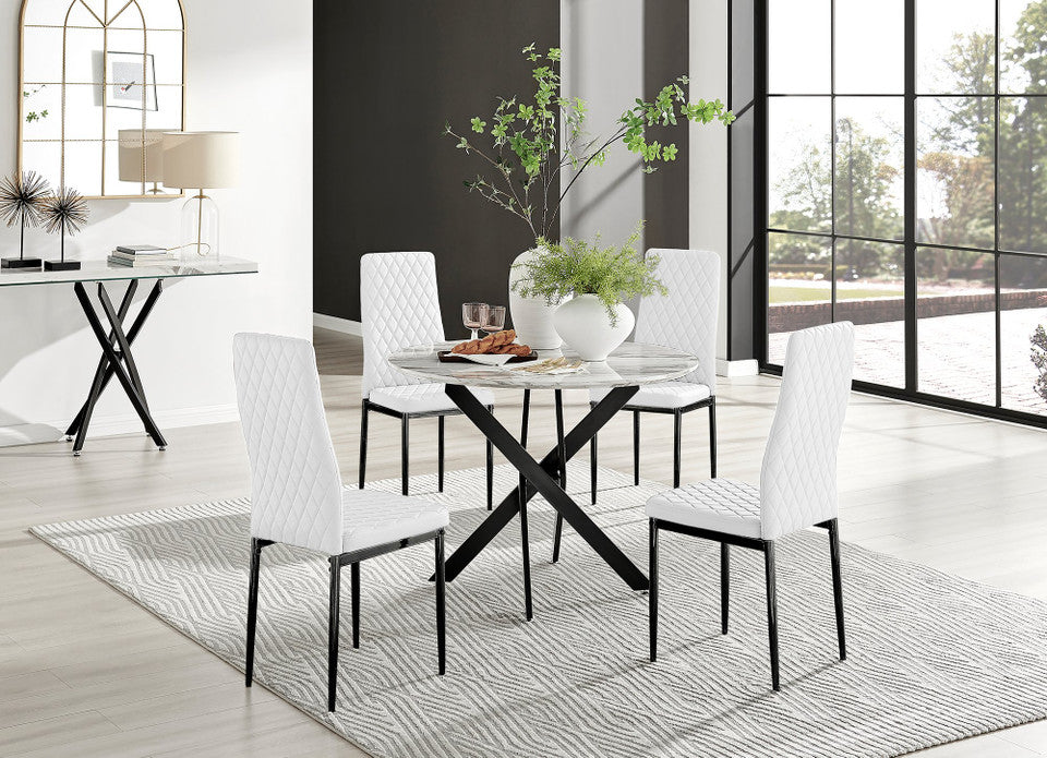 Novara White Marble Black Leg Round Dining Table & 4 Milan Black Leg Chairs
