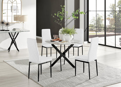 Novara White Marble Black Leg Round Dining Table & 4 Milan Black Leg Chairs