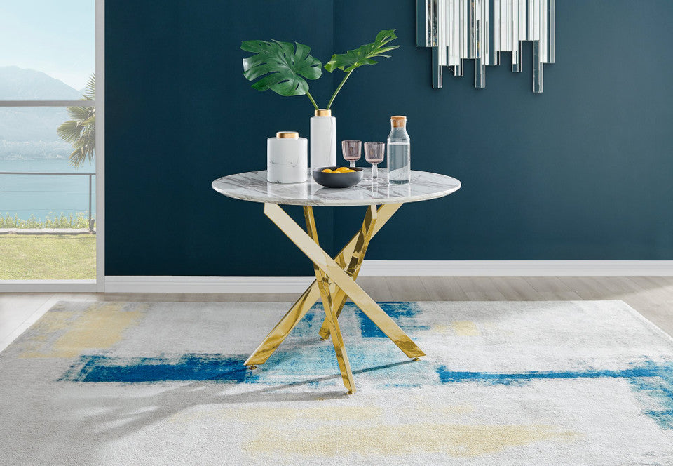 Novara White Marble Gold Leg Round Dining Table & 4 Corona Gold Leg Chairs