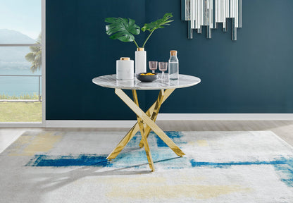 Novara White Marble Gold Leg Round Dining Table & 4 Corona Gold Leg Chairs