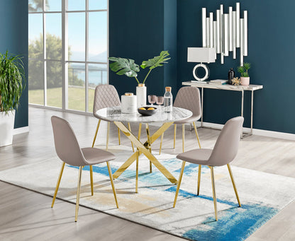 Novara White Marble Gold Leg Round Dining Table & 4 Corona Gold Leg Chairs