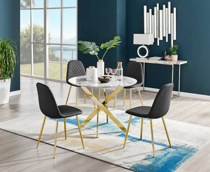 Novara White Marble Gold Leg Round Dining Table & 4 Corona Gold Leg Chairs
