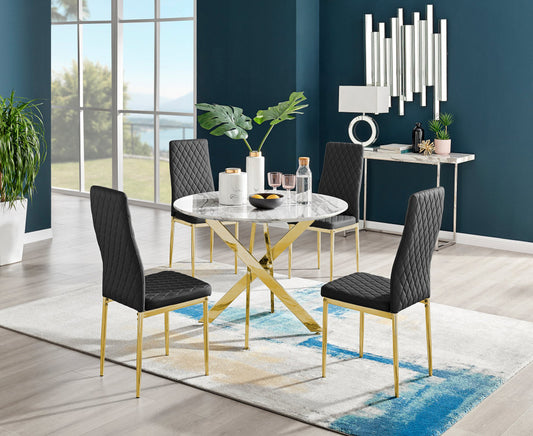 Novara White Marble Gold Leg Round Dining Table & 4 Milan Gold Leg Chairs