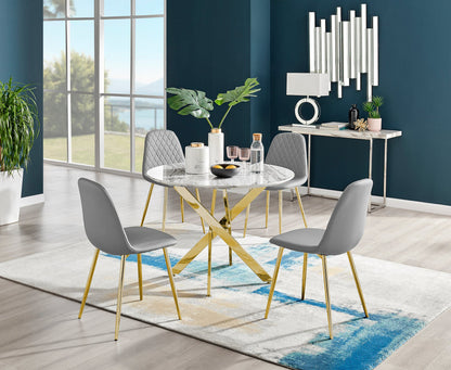Novara White Marble Gold Leg Round Dining Table & 4 Corona Gold Leg Chairs