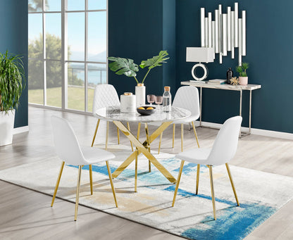 Novara White Marble Gold Leg Round Dining Table & 4 Corona Gold Leg Chairs