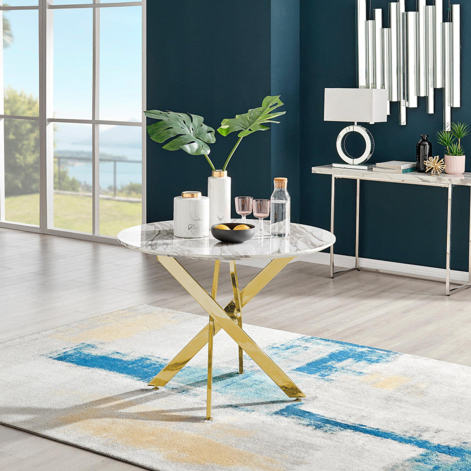 Novara Round White Marble Effect and Gold Metal 4 Seater Dining Table