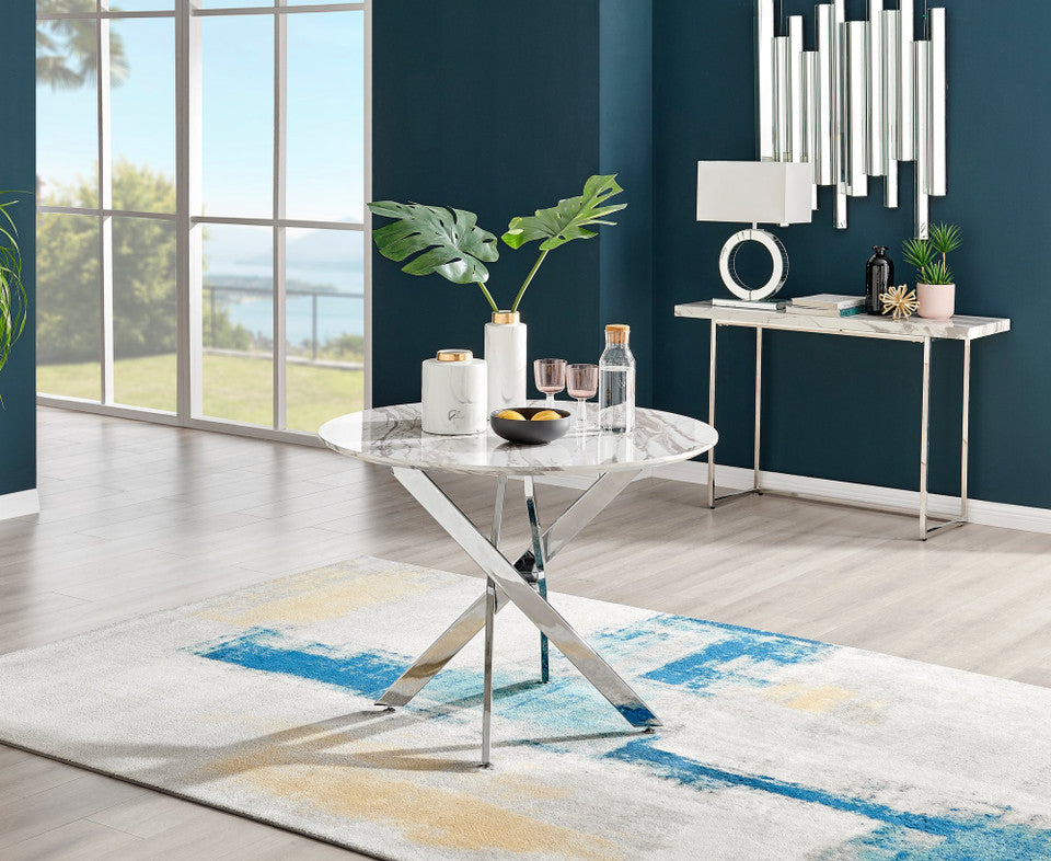 Novara White Marble Round Dining Table & 4 Milan Chrome Leg Chairs