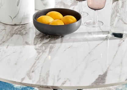 Novara White Marble Round Dining Table & 4 Calla Silver Leg Chairs