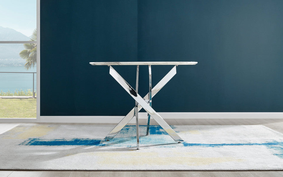 Novara White Marble Round Dining Table & 4 Corona Silver Leg Chairs