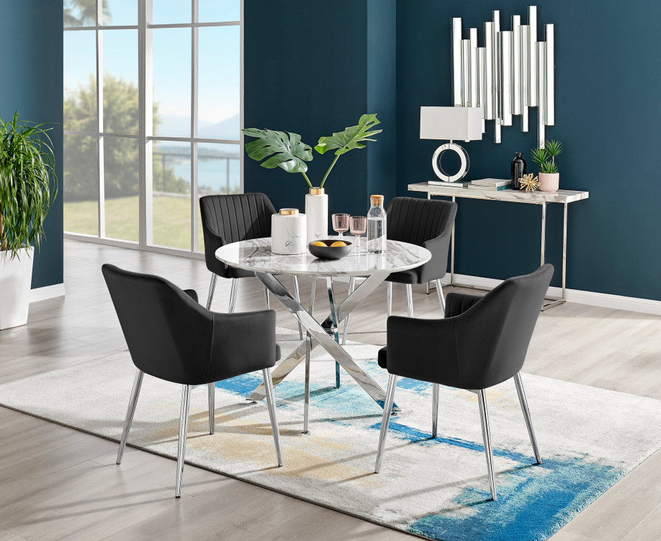 Novara White Marble Round Dining Table & 4 Calla Silver Leg Chairs