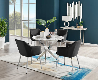 Novara White Marble Round Dining Table & 4 Calla Silver Leg Chairs