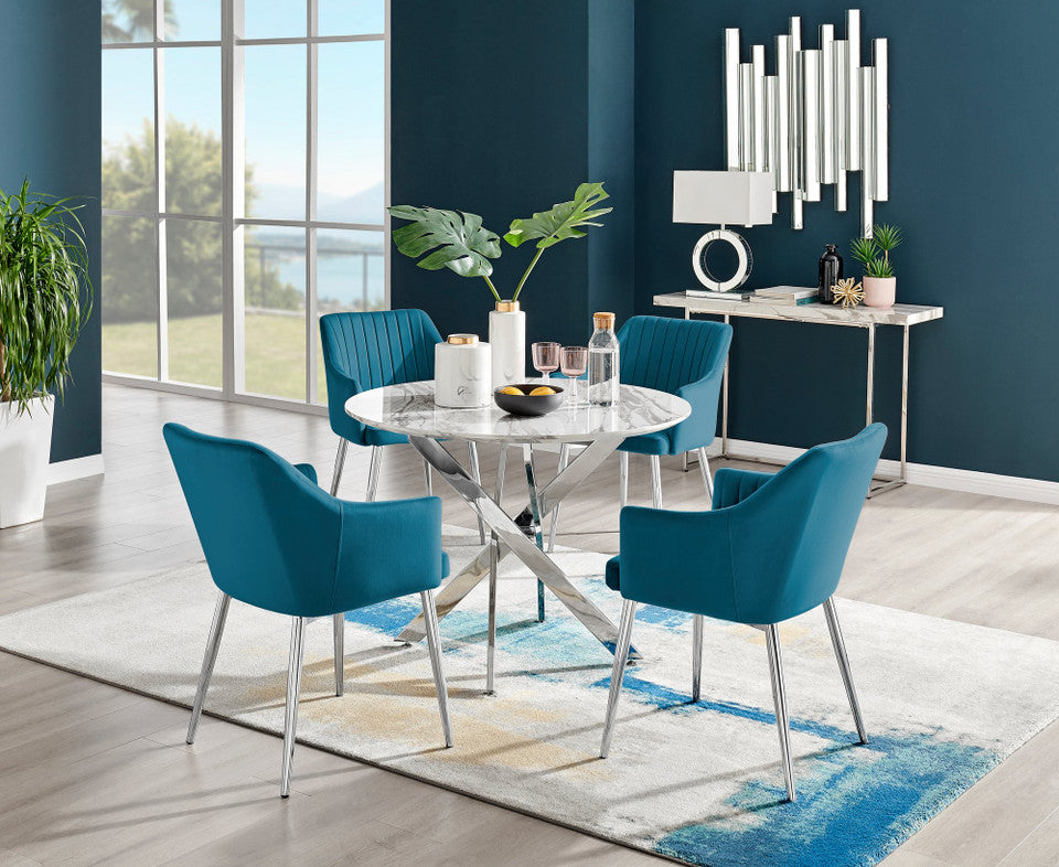 Novara White Marble Round Dining Table & 4 Calla Silver Leg Chairs