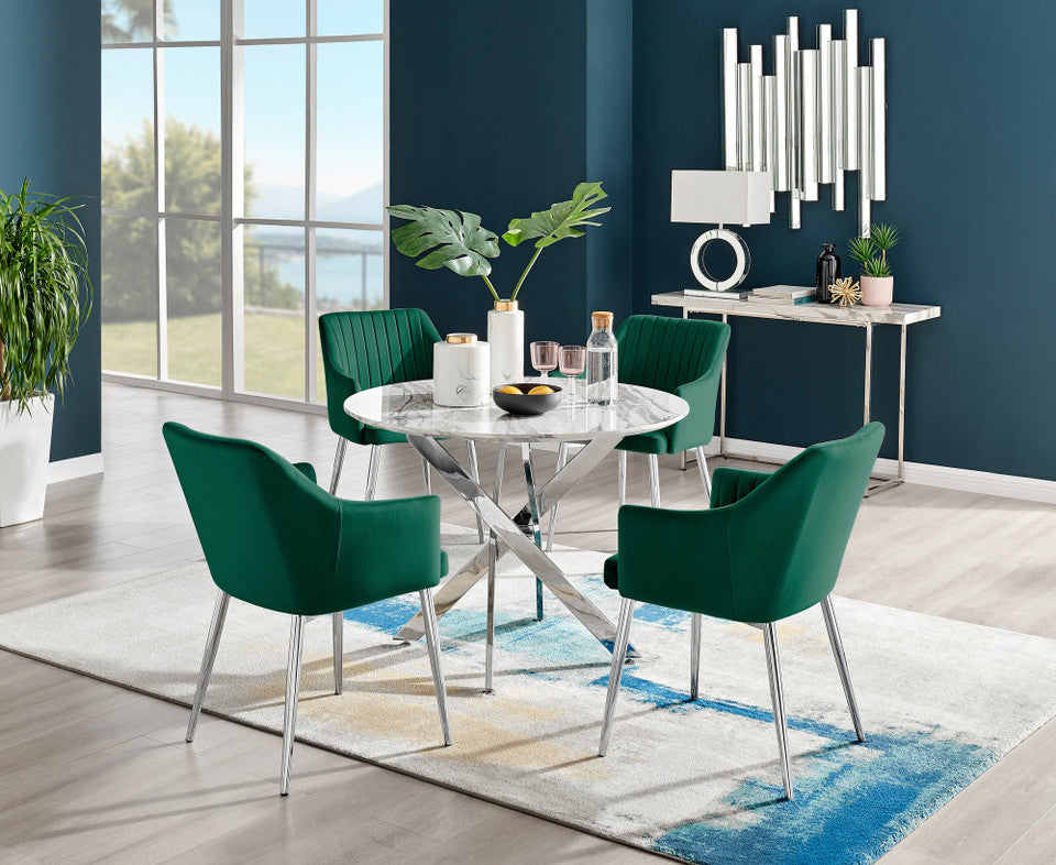 Novara White Marble Round Dining Table & 4 Calla Silver Leg Chairs