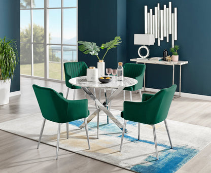 Novara White Marble Round Dining Table & 4 Calla Silver Leg Chairs