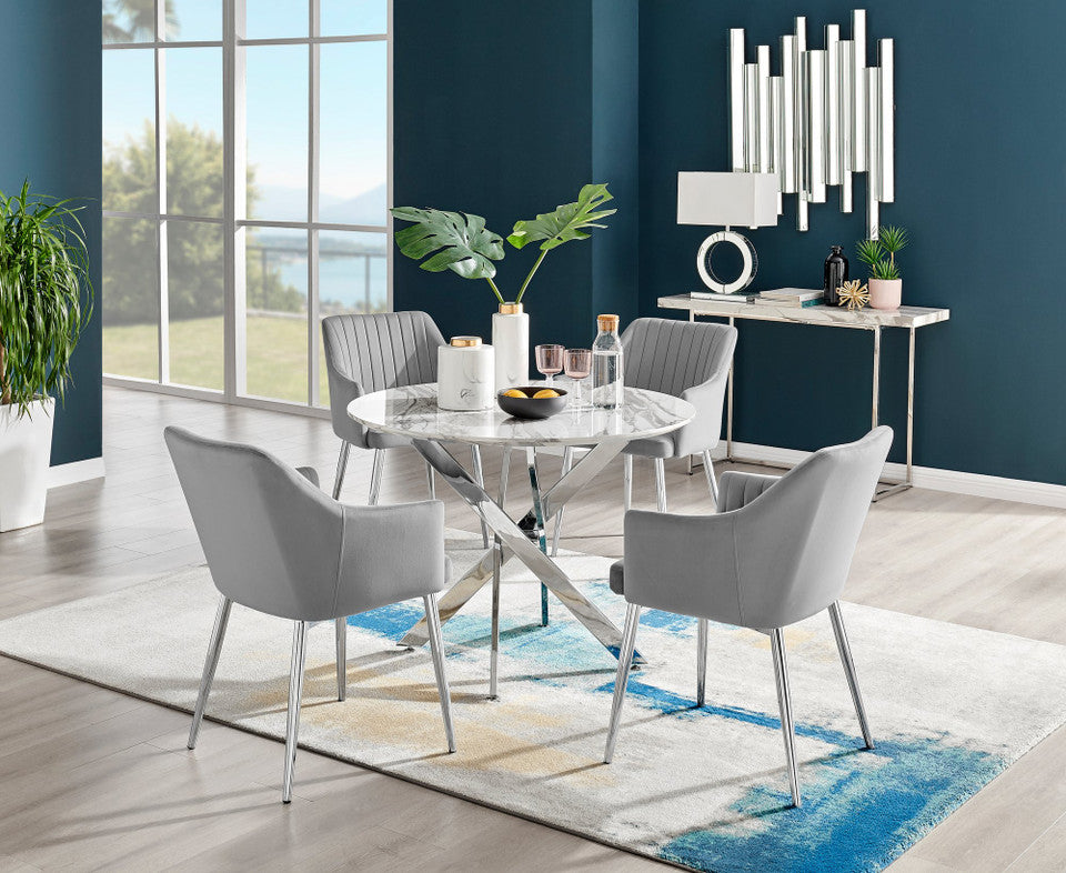 Novara White Marble Round Dining Table & 4 Calla Silver Leg Chairs