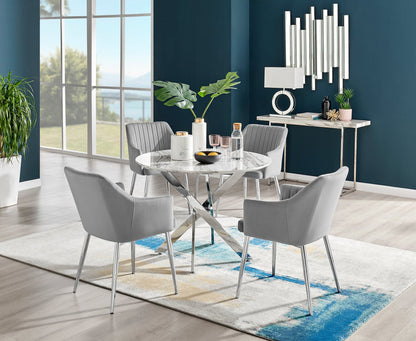 Novara White Marble Round Dining Table & 4 Calla Silver Leg Chairs