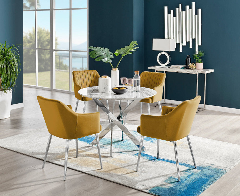 Novara White Marble Round Dining Table & 4 Calla Silver Leg Chairs
