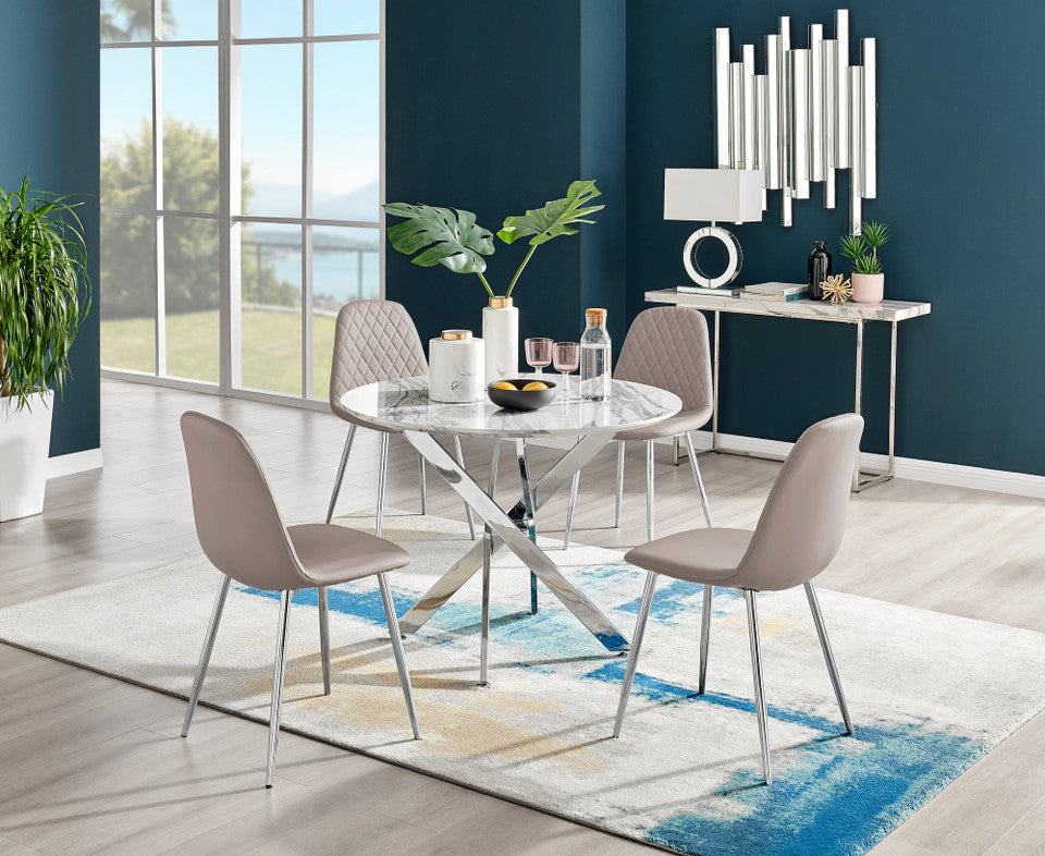 Novara White Marble Round Dining Table & 4 Corona Silver Leg Chairs