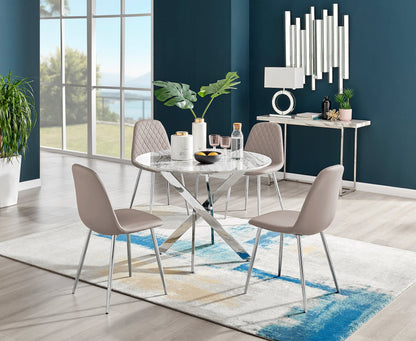 Novara White Marble Round Dining Table & 4 Corona Silver Leg Chairs