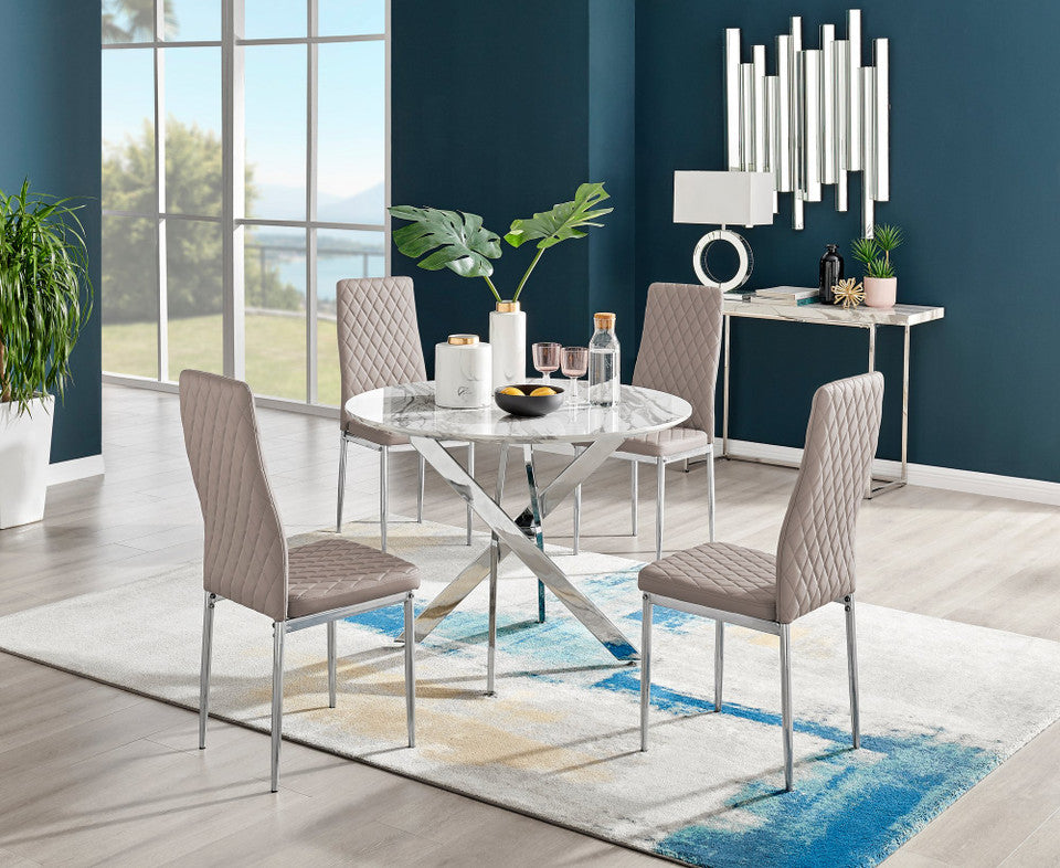 Novara White Marble Round Dining Table & 4 Milan Chrome Leg Chairs