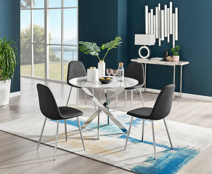 Novara White Marble Round Dining Table & 4 Corona Silver Leg Chairs