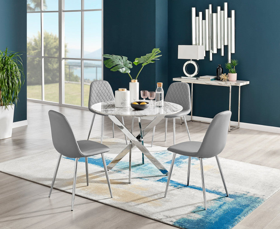 Novara White Marble Round Dining Table & 4 Corona Silver Leg Chairs