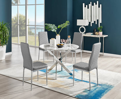 Novara White Marble Round Dining Table & 4 Milan Chrome Leg Chairs