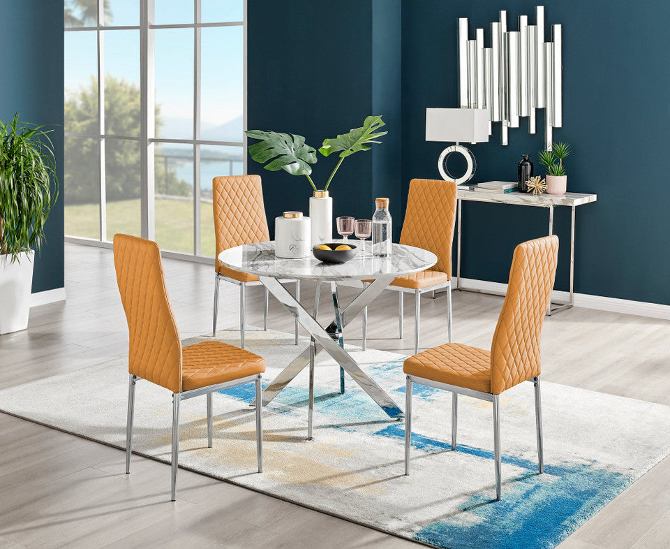 Novara White Marble Round Dining Table & 4 Milan Chrome Leg Chairs
