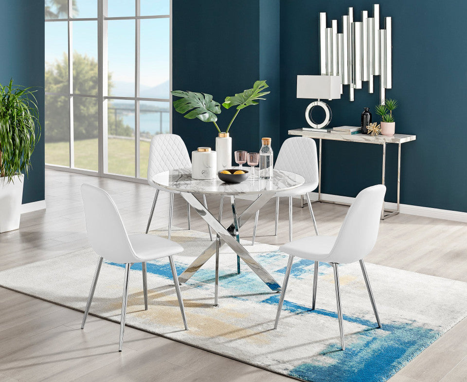 Novara White Marble Round Dining Table & 4 Corona Silver Leg Chairs