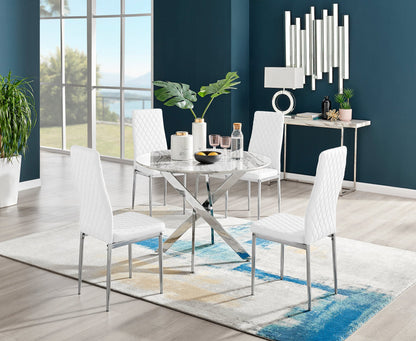 Novara White Marble Round Dining Table & 4 Milan Chrome Leg Chairs
