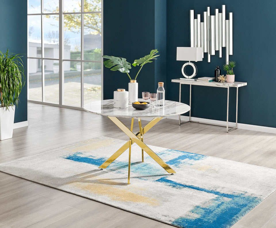 Novara White Marble Gold Leg 120cm Round Dining Table & 6 Pesaro Gold Leg Chairs