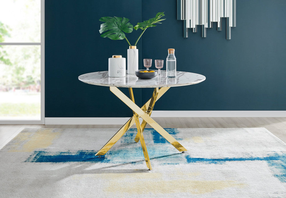 Novara White Marble Gold Leg 120cm Round Dining Table & 6 Pesaro Gold Leg Chairs