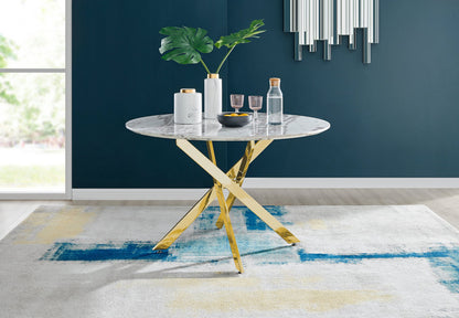 Novara White Marble Gold Leg 120cm Round Dining Table & 6 Pesaro Gold Leg Chairs
