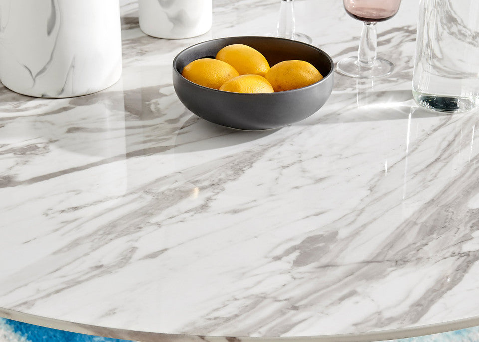 Novara White Marble Gold Leg 120cm Round Dining Table & 4 Milan Gold Leg Chairs