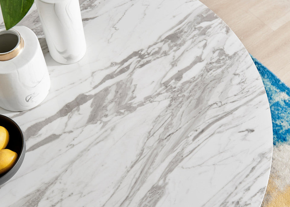 Novara White Marble Gold Leg 120cm Round Dining Table & 4 Milan Gold Leg Chairs