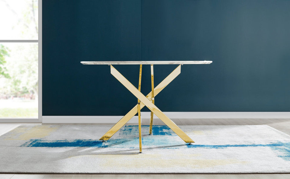 Novara White Marble Gold Leg 120cm Round Dining Table & 4 Milan Gold Leg Chairs