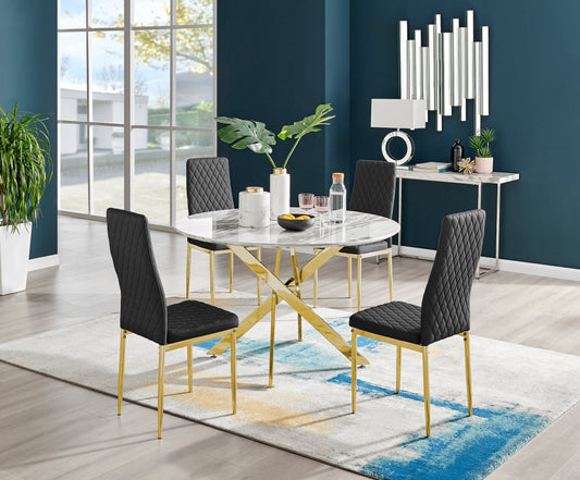 Novara White Marble Gold Leg 120cm Round Dining Table & 4 Milan Gold Leg Chairs