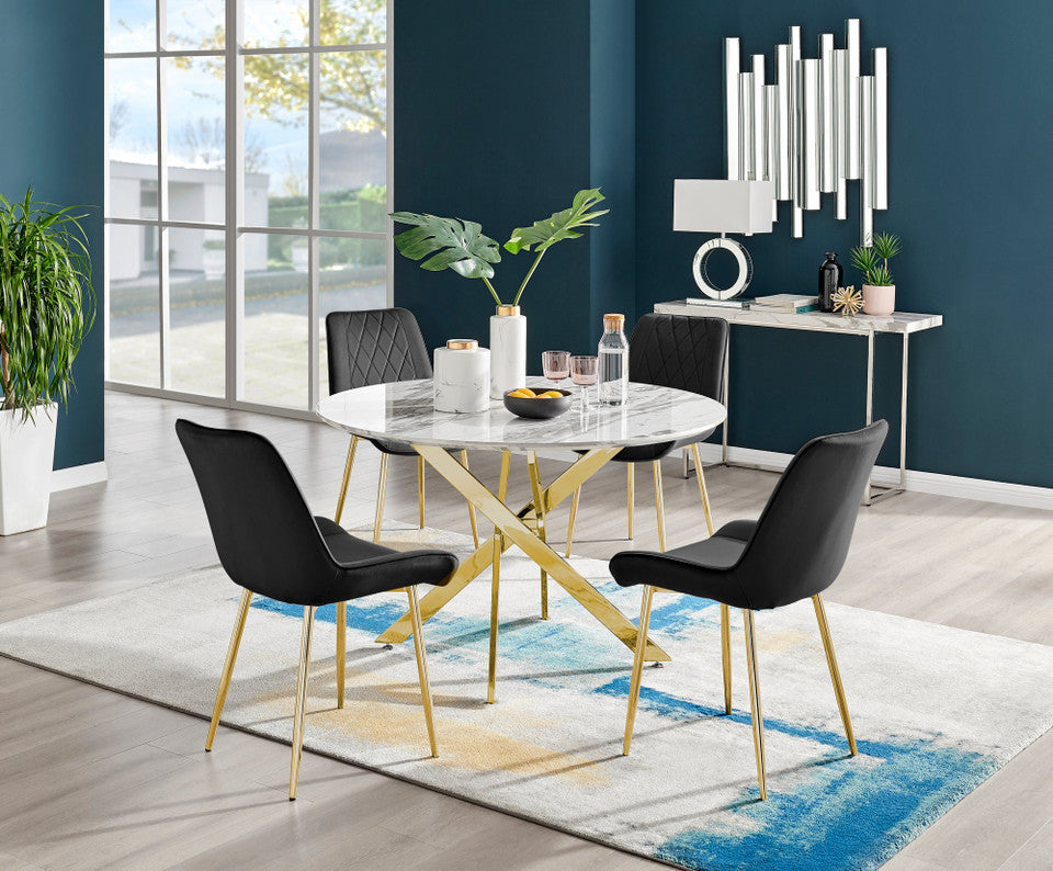 Novara White Marble Gold Leg 120cm Round Dining Table & 4 Pesaro Gold Leg Chairs