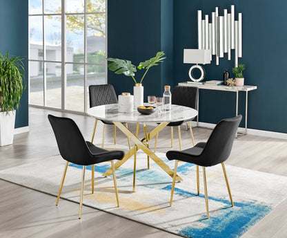 Novara White Marble Gold Leg 120cm Round Dining Table & 4 Pesaro Gold Leg Chairs