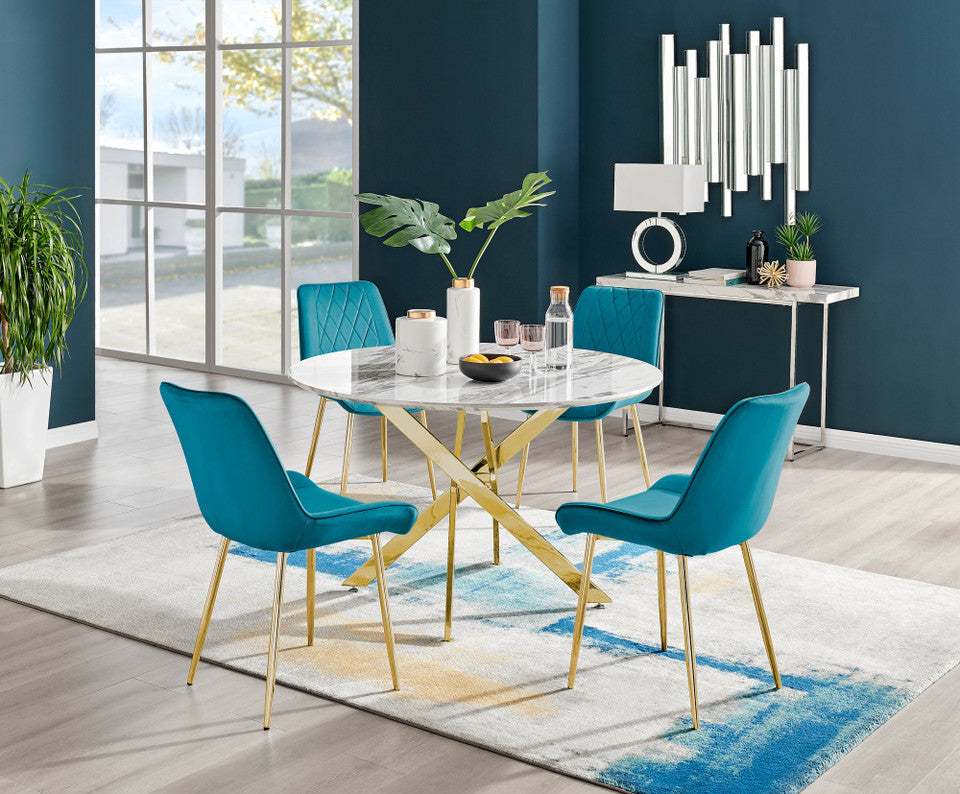 Novara White Marble Gold Leg 120cm Round Dining Table & 4 Pesaro Gold Leg Chairs