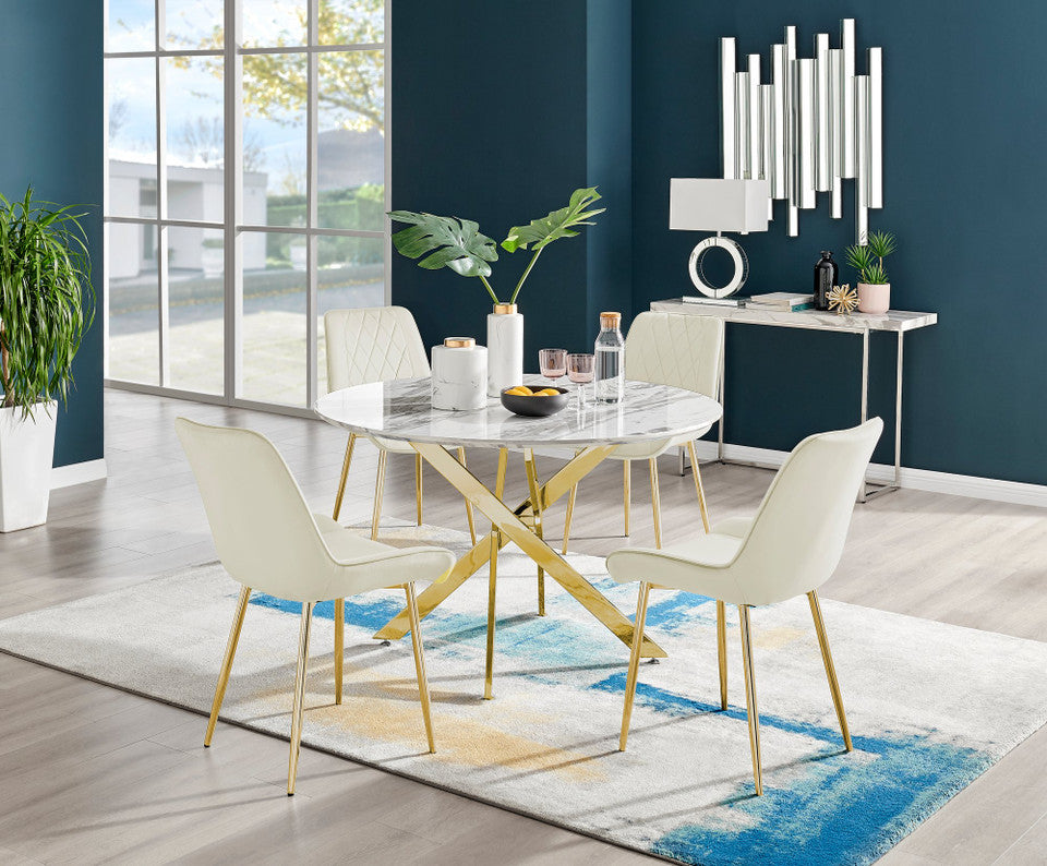 Novara White Marble Gold Leg 120cm Round Dining Table & 4 Pesaro Gold Leg Chairs