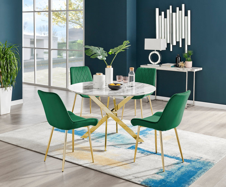 Novara White Marble Gold Leg 120cm Round Dining Table & 4 Pesaro Gold Leg Chairs