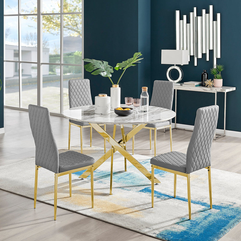 Novara White Marble Gold Leg 120cm Round Dining Table & 4 Milan Gold Leg Chairs