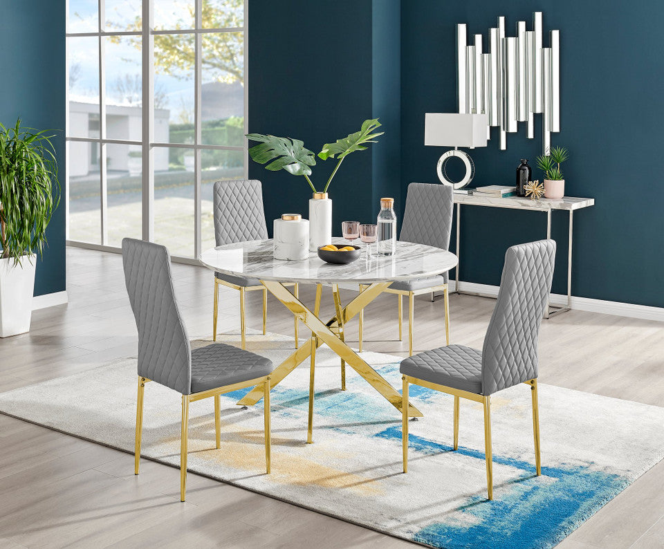 Novara White Marble Gold Leg 120cm Round Dining Table & 4 Milan Gold Leg Chairs