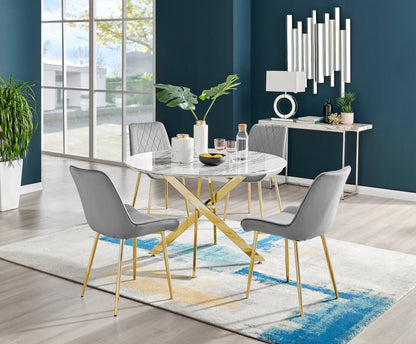 Novara White Marble Gold Leg 120cm Round Dining Table & 4 Pesaro Gold Leg Chairs