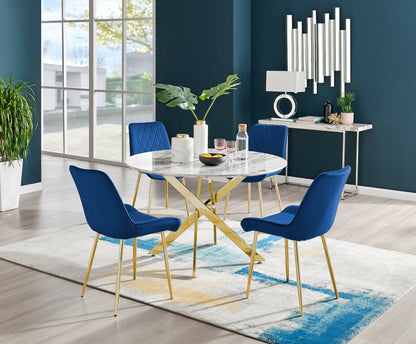 Novara White Marble Gold Leg 120cm Round Dining Table & 4 Pesaro Gold Leg Chairs