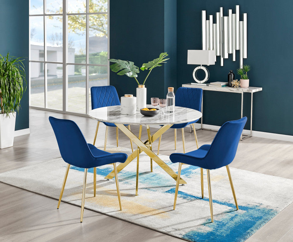 Novara White Marble Gold Leg 120cm Round Dining Table & 4 Pesaro Gold Leg Chairs